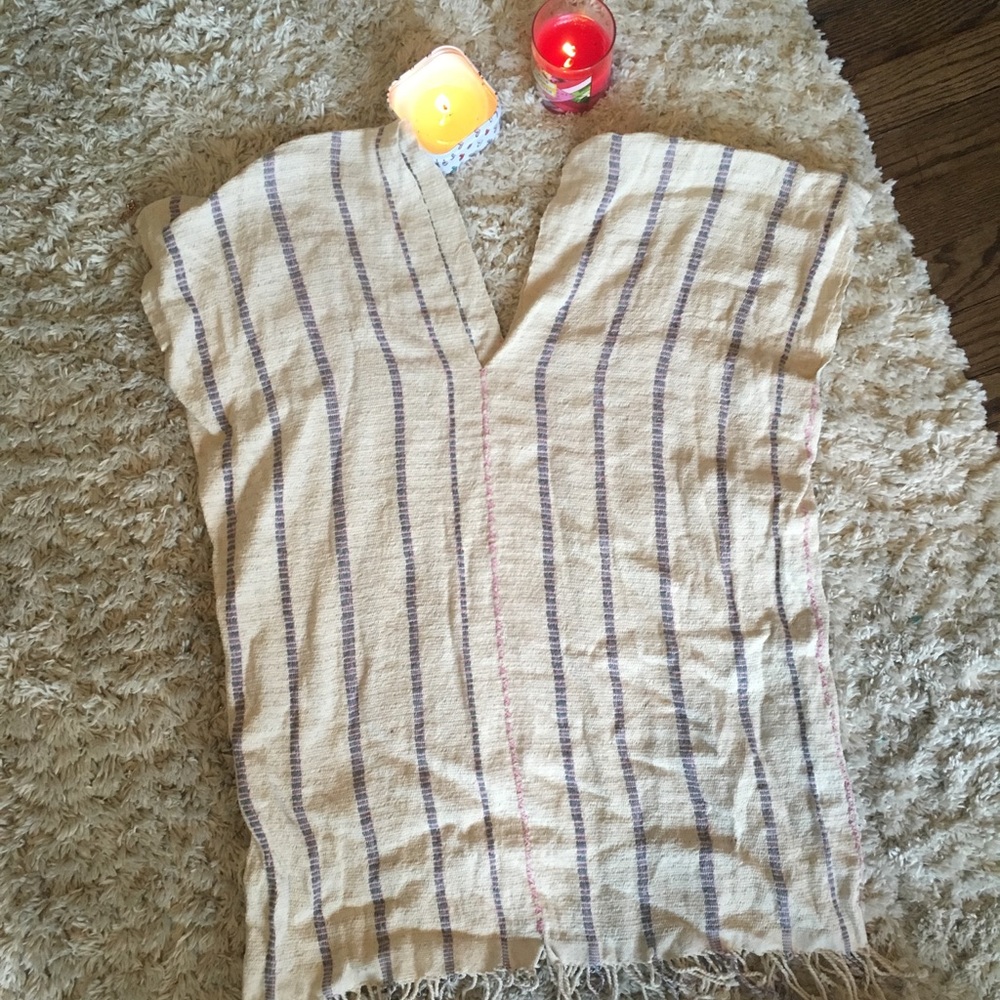 cream pink & purple stitch poncho with fringe!